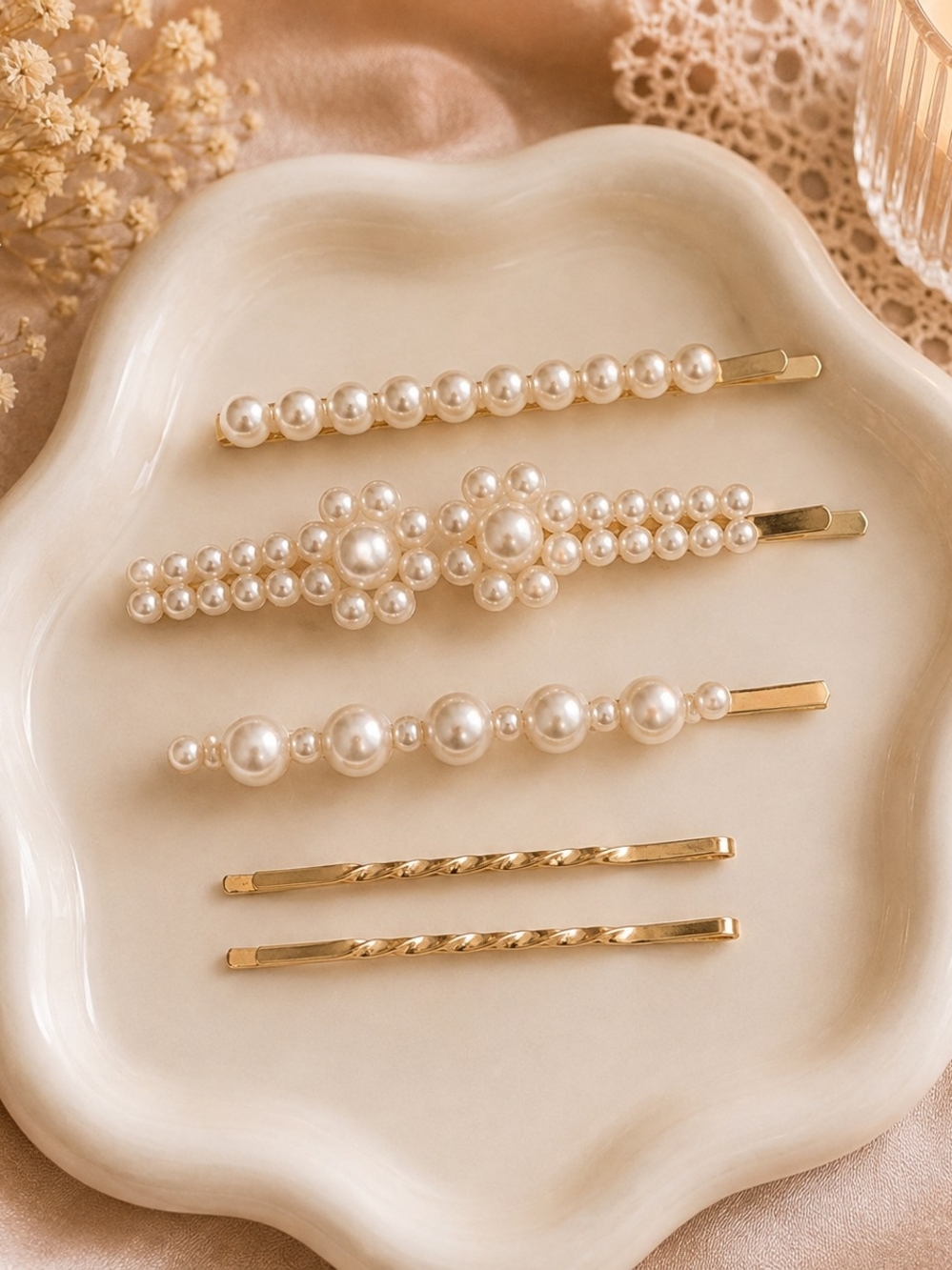 Pearl Accent Hair Clip Set - Gold and Ivory
